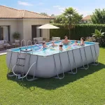 18' x 9' x 47" Rectangular Above Ground Pool Set with Removable Ladder and Filter Pump, Large Swimming Pool for Backyard, Gray